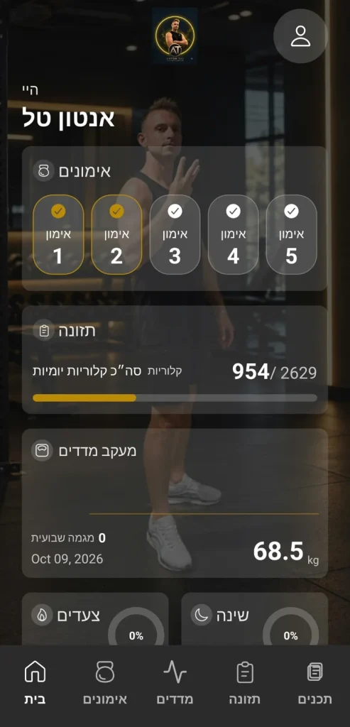 מסך הבית באפליקציה עם אנטון ברקע: 'היי אנטון טל', אימונים 1 עד 5, סיכום קלוריות יומי ומעקב משקל