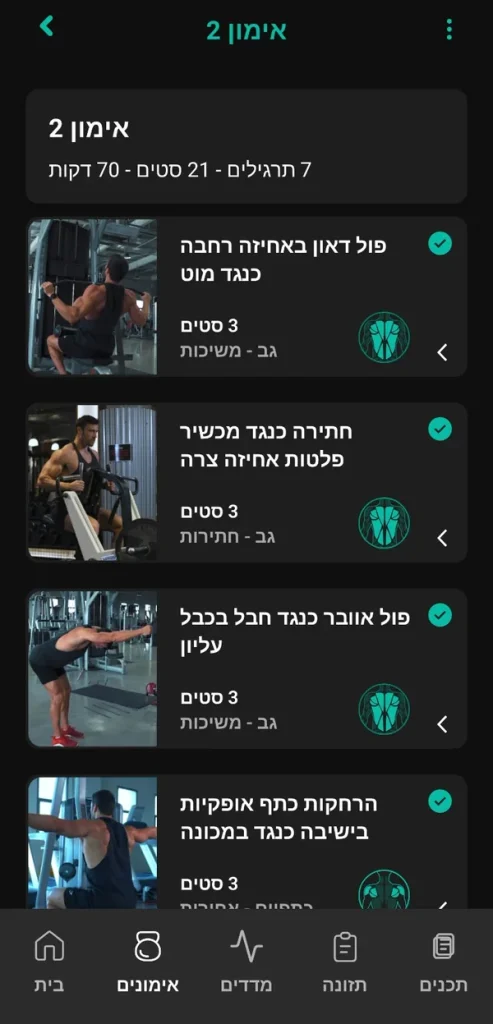 אימון 2: 7 תרגילים, 21 סטים, 70 דקות, עם תמונה ופירוט לכל תרגיל